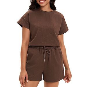 Lounge Sets 2 Piece Outfits Short Sleeve Tops Drawstring Short Sets Brown